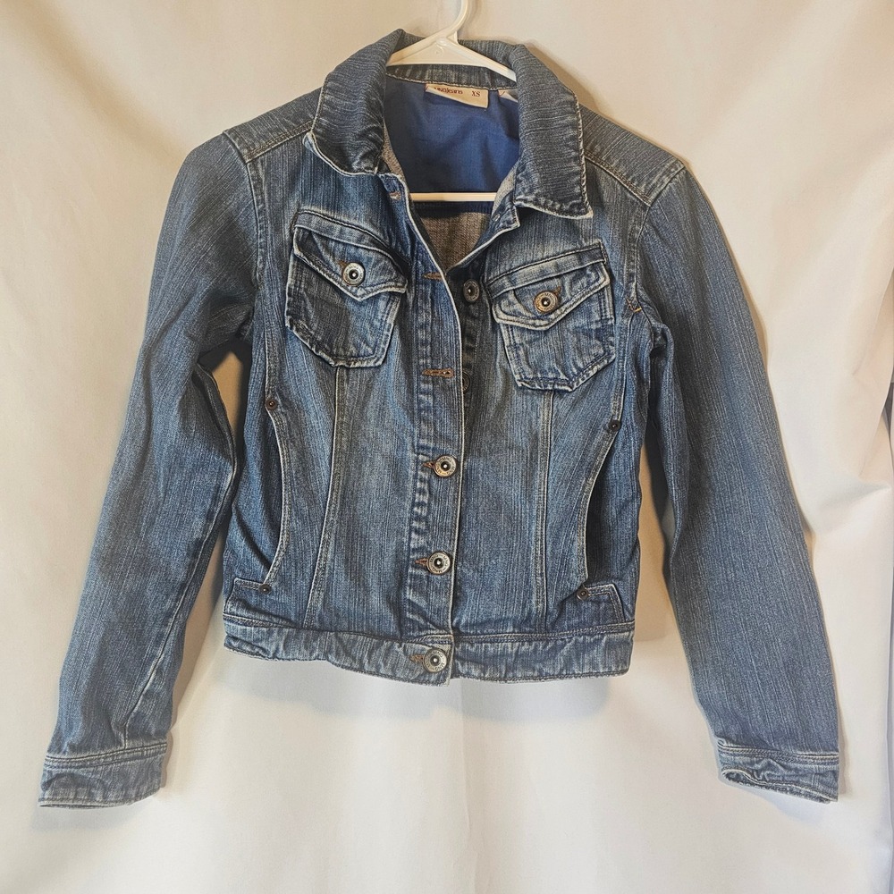 MNG Jeans Mango Womens XS Medium Wash Blue Denim Trucker Jacket 100% Cotton